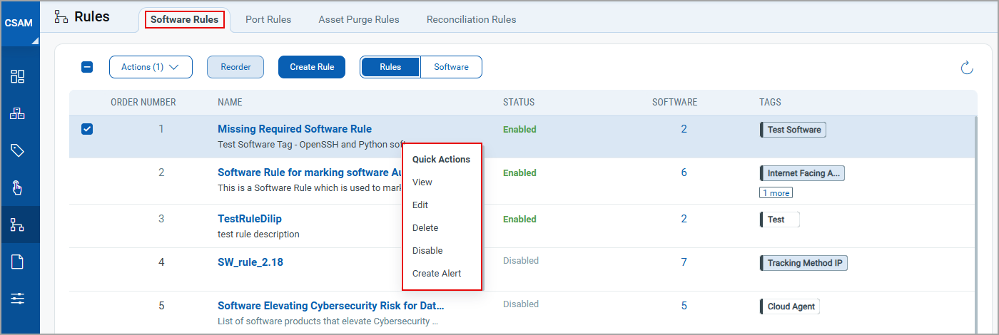 Software Rules Quick Options